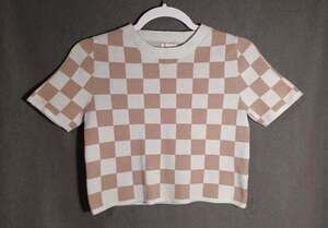 Debut Cropped Short Sleeve Sweater T‑Shirt Medium Dusty Rose White Checkerboard
